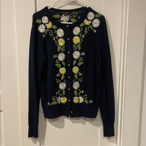 Brooks Brothers Navy Cardigan with Floral Embroidery